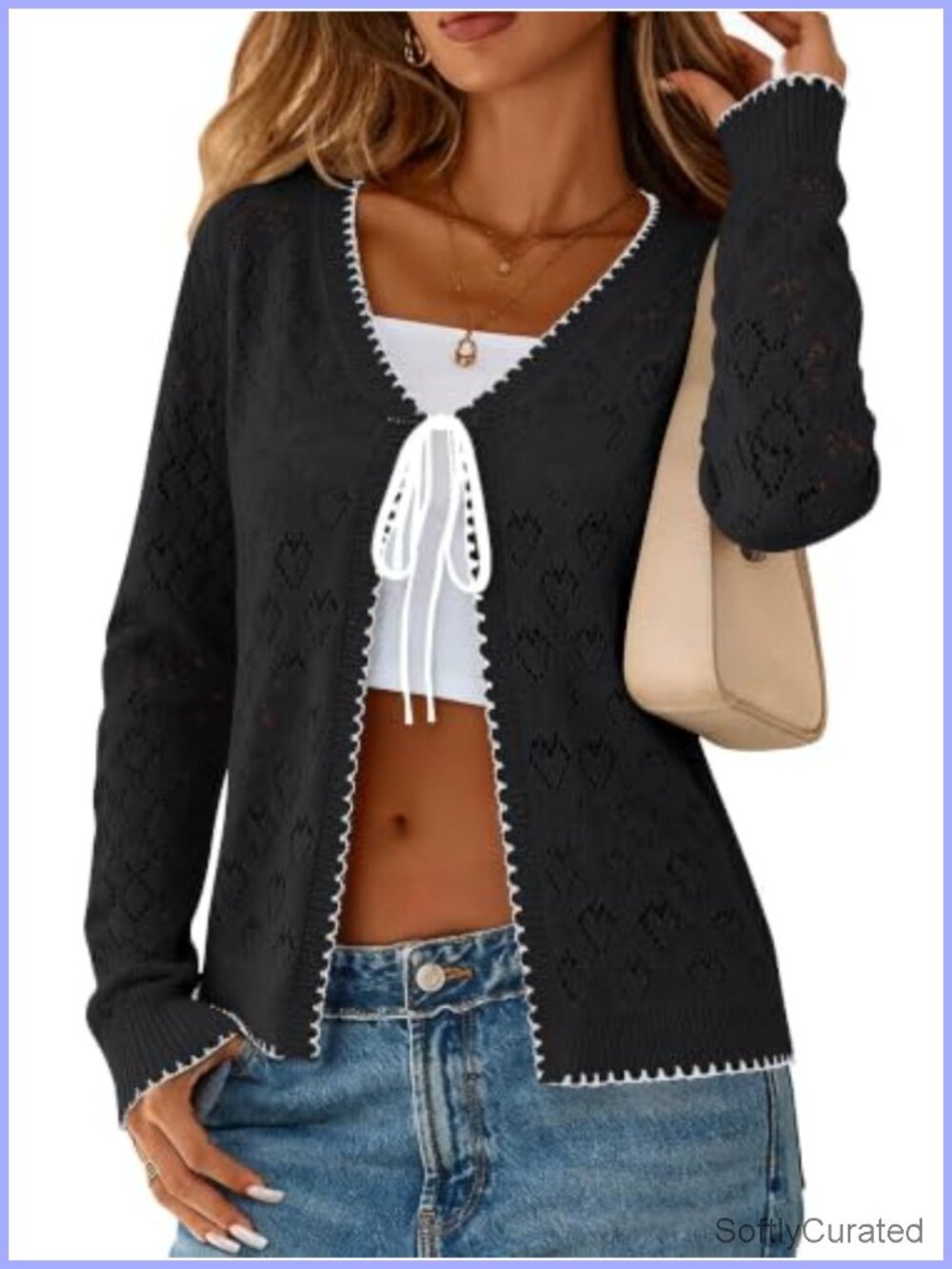 Long Sleeve Pointelle Knit Cardigan Tie Front Crop Sweater